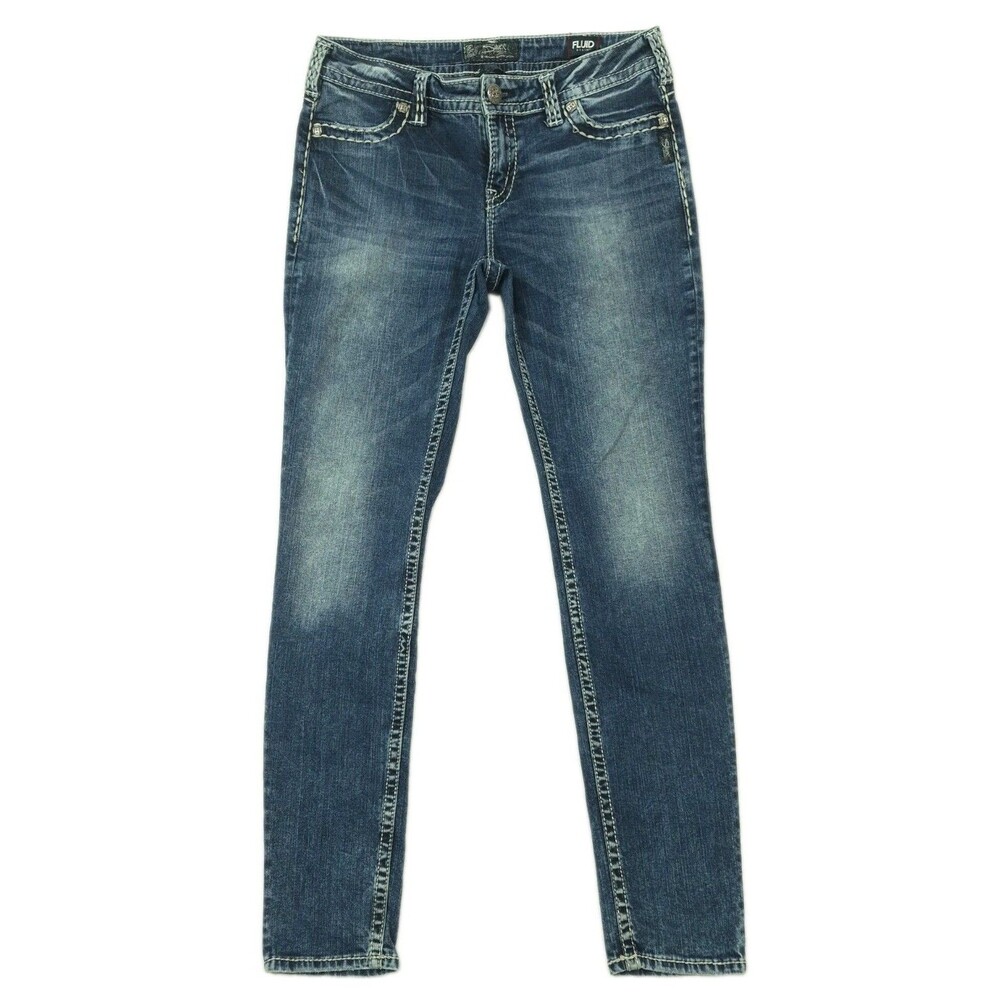 Silver Jeans Skinny Suki 31 Mid Rise Blue Stretch Denim Bold Stitch Y2K Western